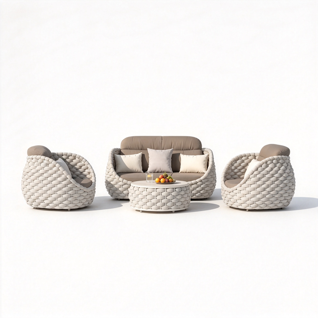 Modern 4-Piece Chunky Woven Rope Patio Conversation Set | Luxury Outdoor Lounge