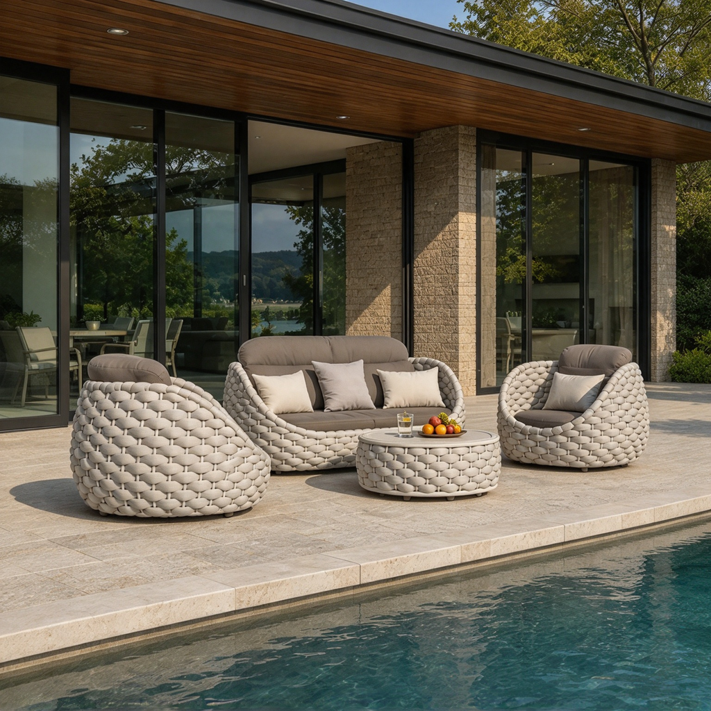 Modern 4-Piece Chunky Woven Rope Patio Conversation Set | Luxury Outdoor Lounge