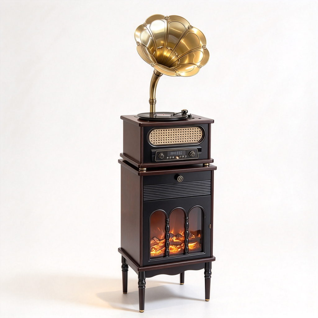 Vintage Gramophone Record Player with LED Faux Flame Cabinet