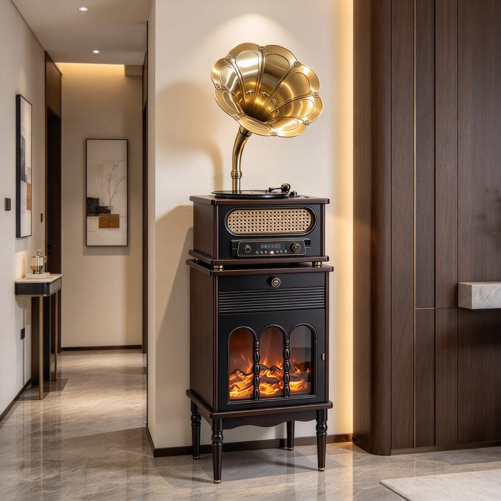 Vintage Gramophone Record Player with LED Faux Flame Cabinet