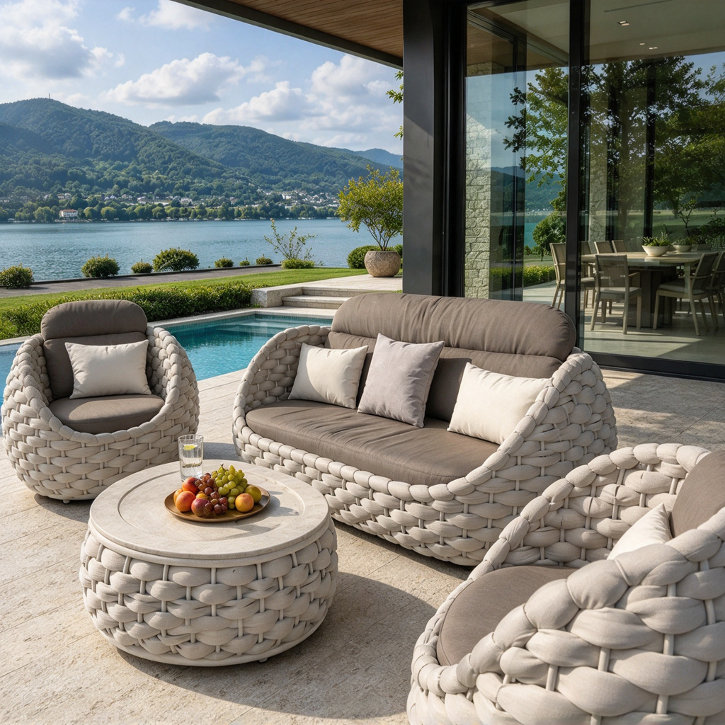 Modern 4-Piece Chunky Woven Rope Patio Conversation Set | Luxury Outdoor Lounge