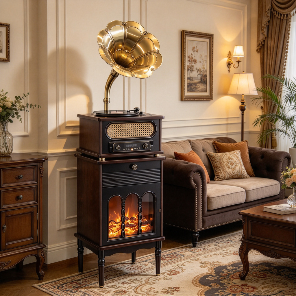 Vintage Gramophone Record Player with LED Faux Flame Cabinet