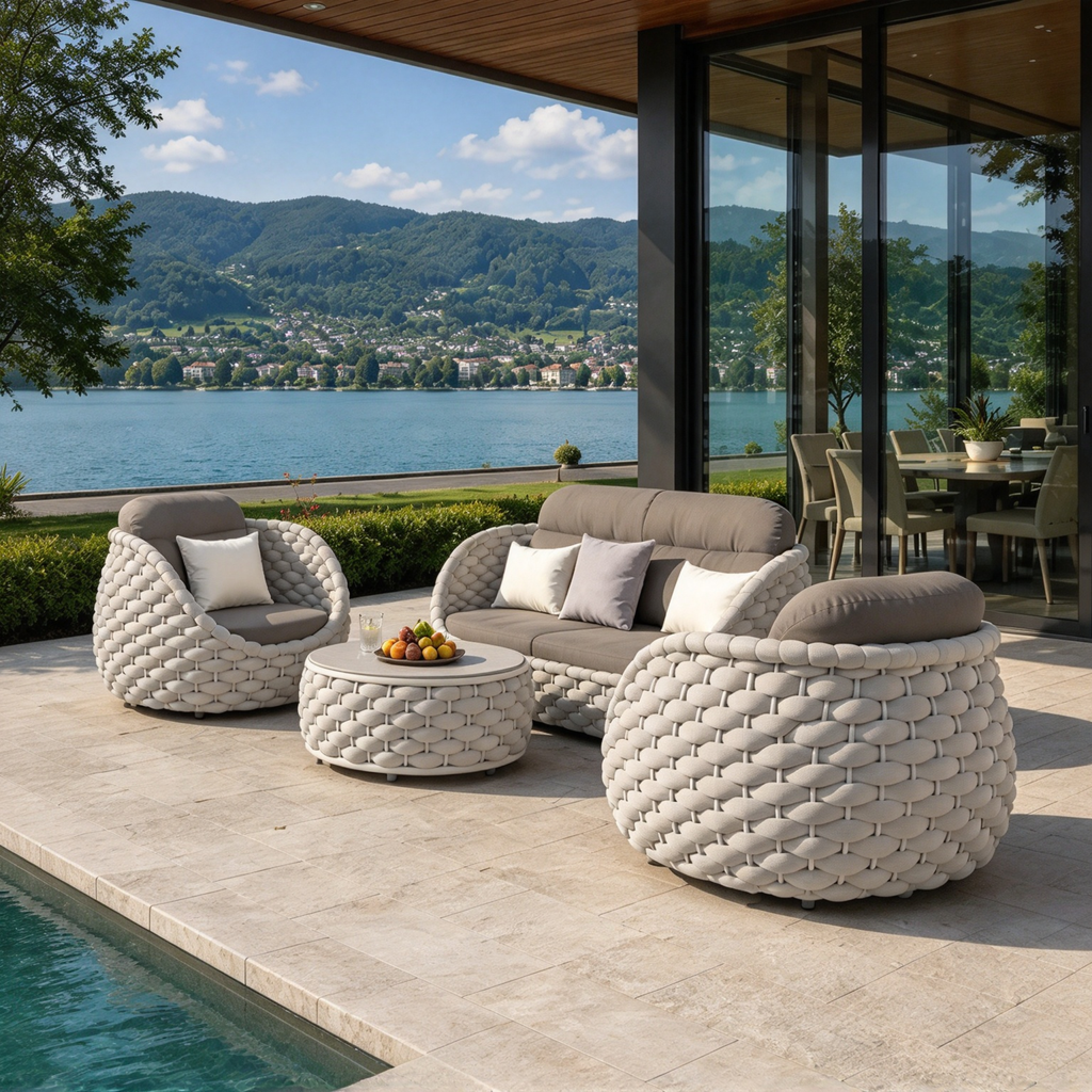 Modern 4-Piece Chunky Woven Rope Patio Conversation Set | Luxury Outdoor Lounge