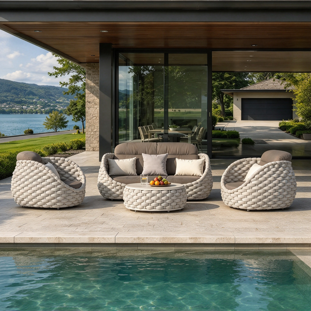 Modern 4-Piece Chunky Woven Rope Patio Conversation Set | Luxury Outdoor Lounge